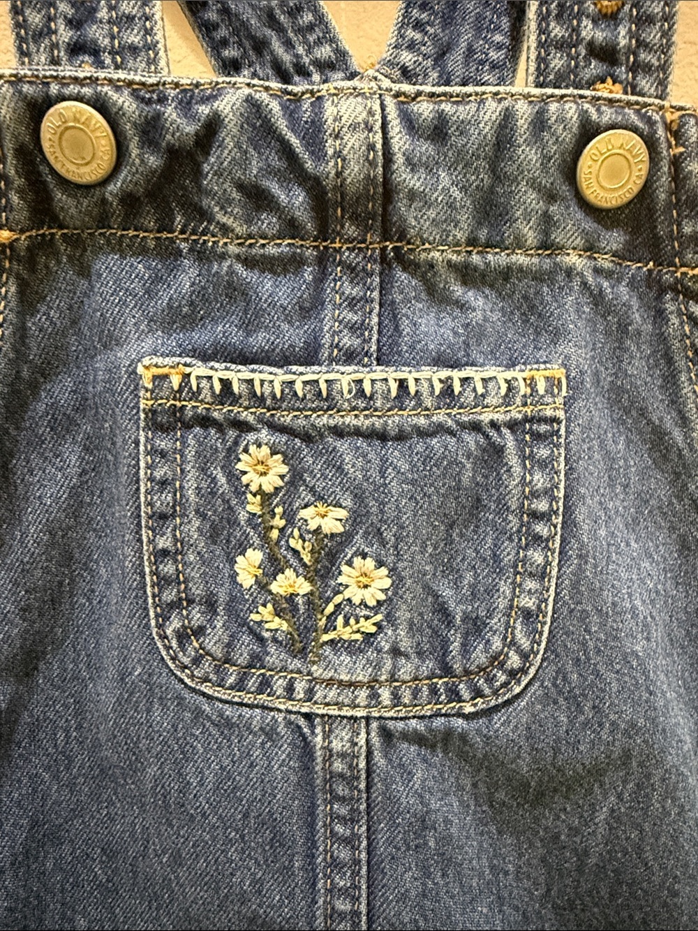 Old Navy Dark Blue Denim Overall Dress with Floral Embroidery - Picture 2 of 4